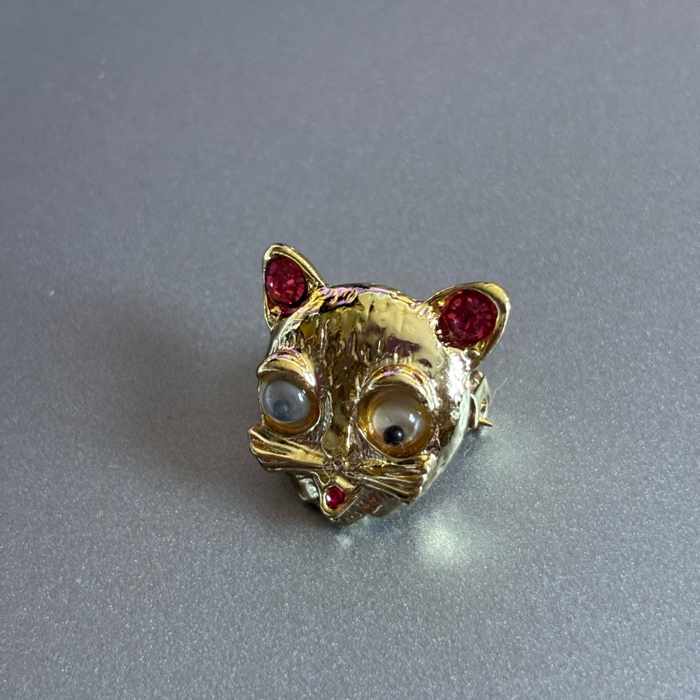Gold Cat Brooch with Pink Accents and Googley Eyes
